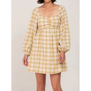 Promesa Plaid Mini Dress Size M Bubble Long Sleeves Cottage Core Prairie Boho